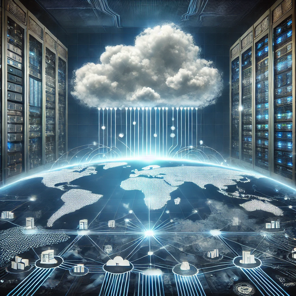Illustration d'une infrastructure cloud mondiale avec des connexions entre serveurs et bases de données, représentant l'externalisation des systèmes IT vers des solutions cloud sécurisées.
